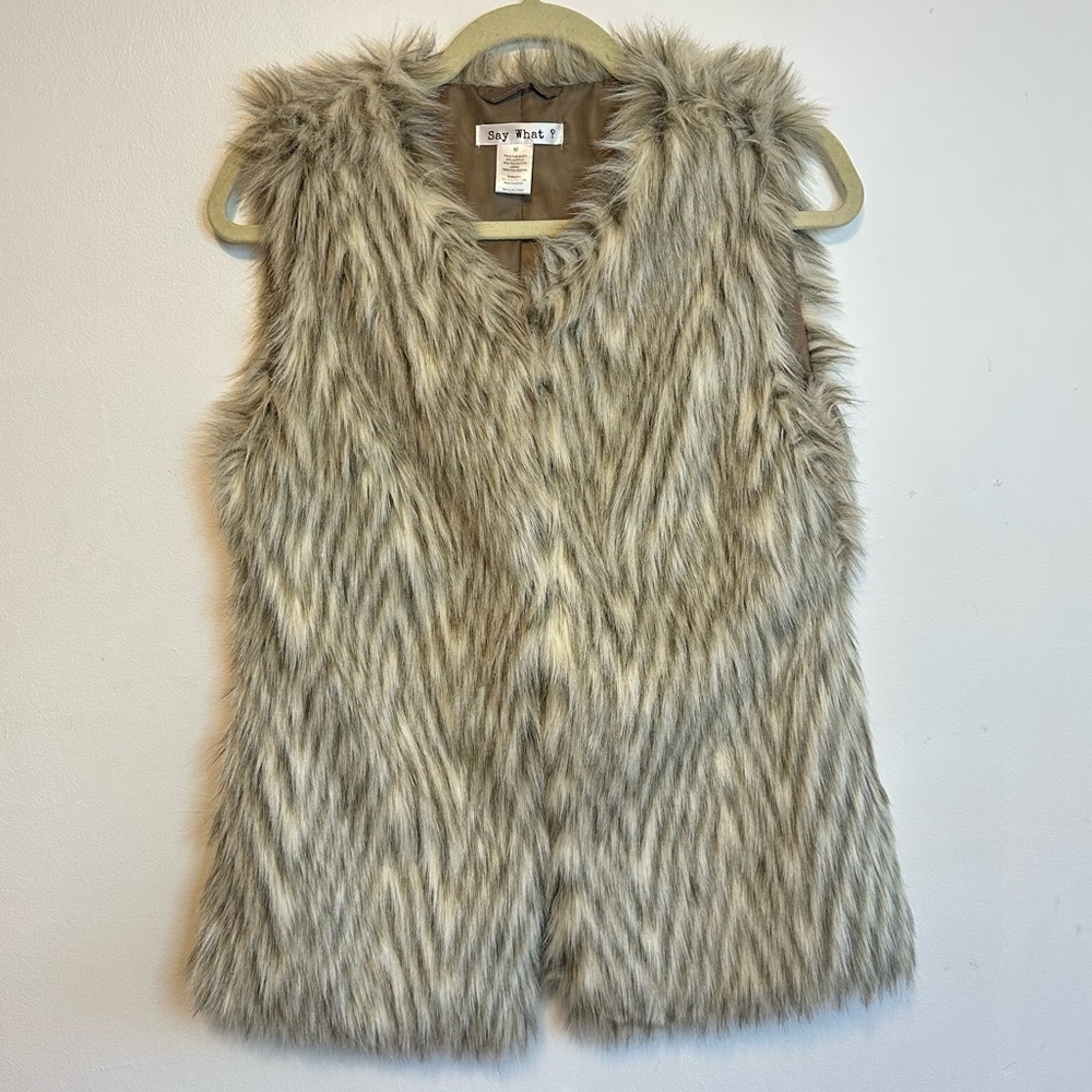 Say What ? Faux Fur Vest Gray & Cream White Size M Medium